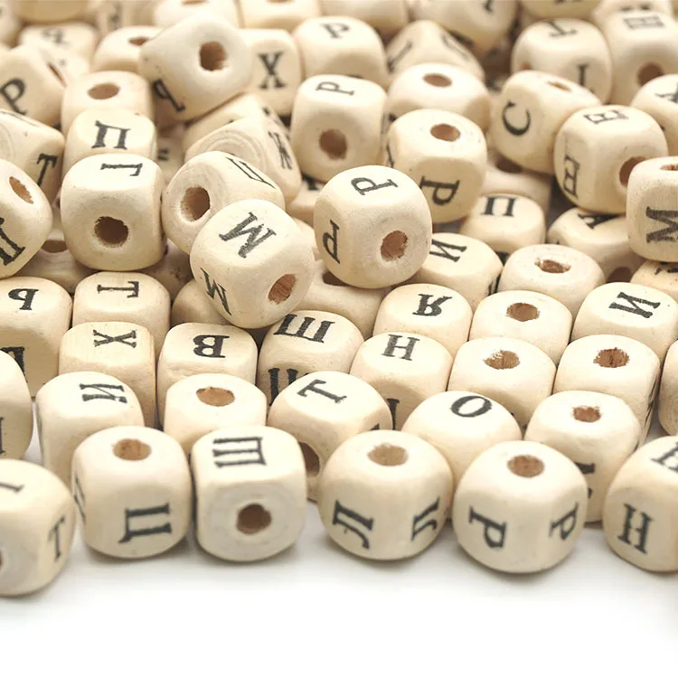 Printed Square Cube Wooden Single Letter Alphabet Bead For DIY Handicraft