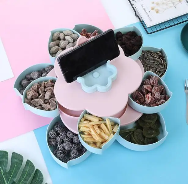 Creative Flower Candy Box Plum Blossom Rotating Fruit Bowl with Mobile Phone Holder Dried Fruit Box