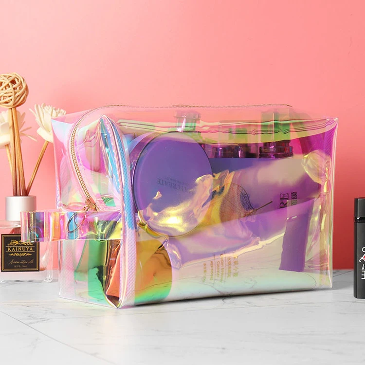 Custom Waterproof PVC Glitter Transparent Toiletries Bag Clear Vinyl Translucent Makeup Pouch Holographic Cosmetic Travel Bag
