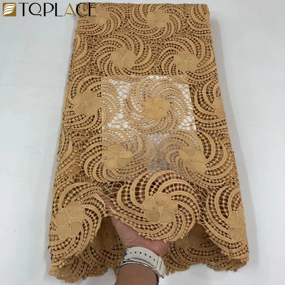 African Cord Lace With Stones With Stones Water Soluble White Color Embroidery Nigeria Guipure Lace Fabrics For Wedding Dress