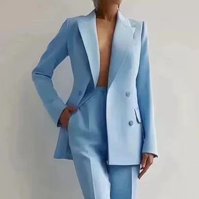 2024 Wholesale Women Spring Thin Style Suit Coat + Long Pants Solid Color Two Piece Set Suits Lapel V-Neck Office Lady Suits