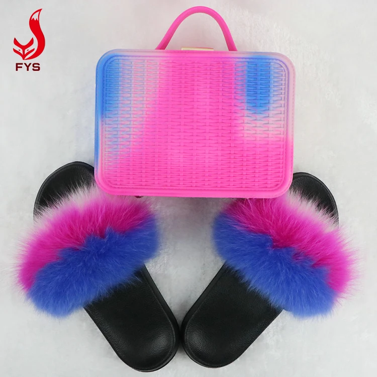 
Custom any color women fur slippers and purse set fur sandals slides with matching bag 