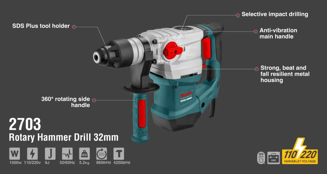 Электрическая буровая машина для бетона модель Ronix 2703 220 В 32 мм 1500 Вт SDS 6J Plus