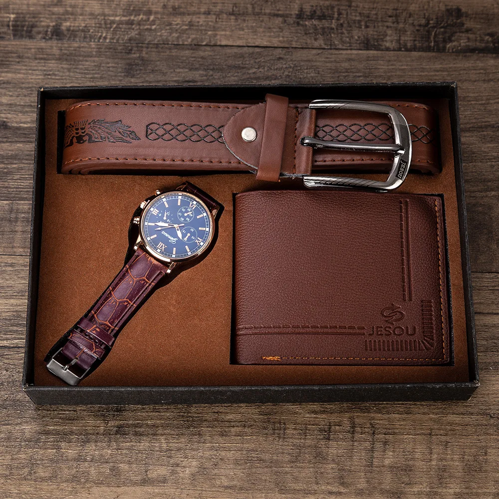High quality birthday father gift business pu wallet gift watch purse belt three-piece set gift box custom men watch set for men
