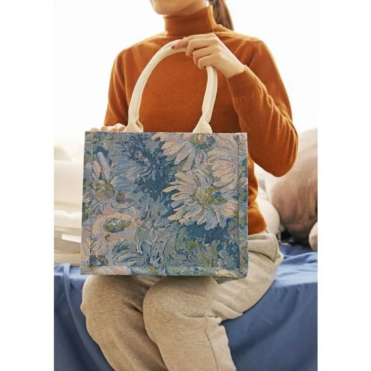 Hot Sell Extra Large Waterproof Customized Cotton Rope Handles Canvas Women Blue Print Bag