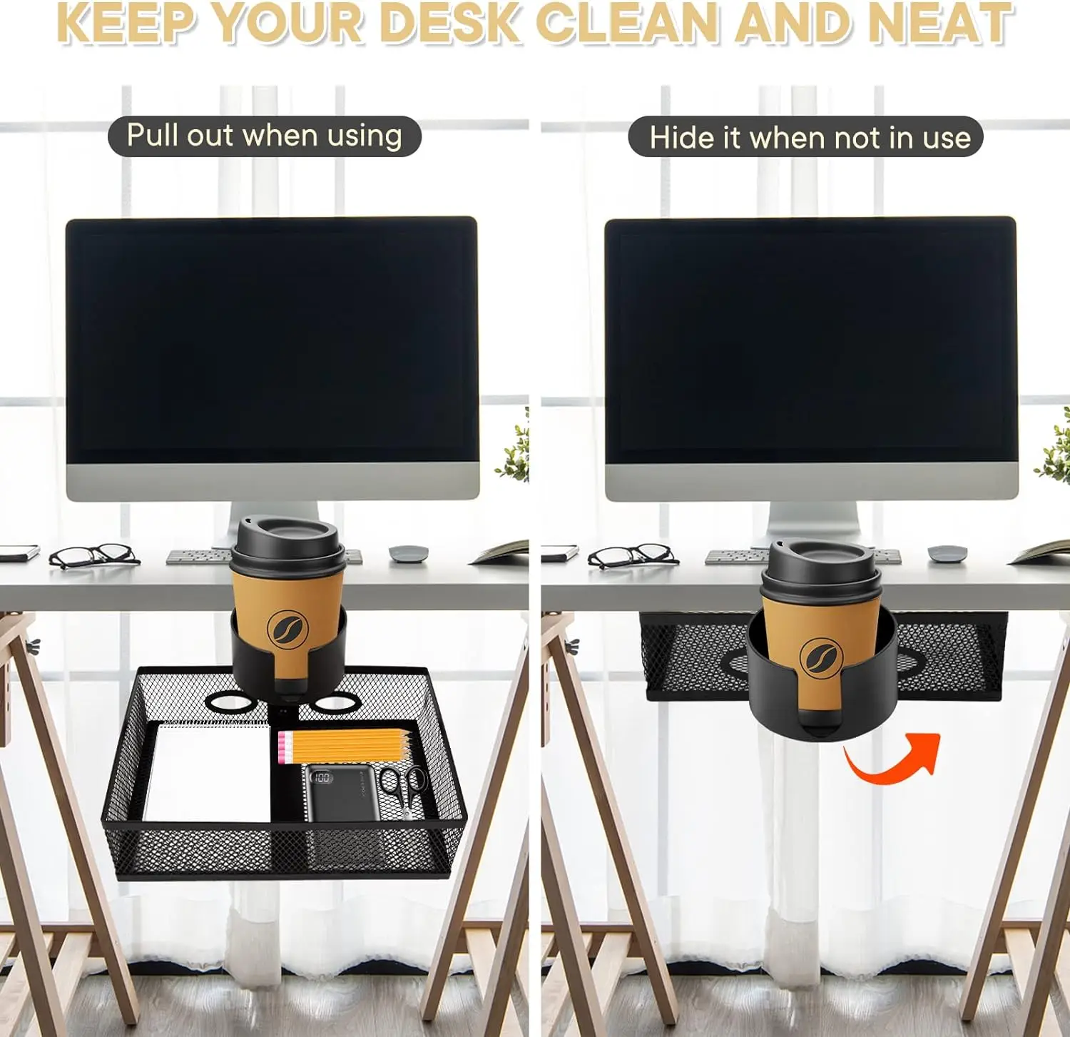 Office Metal Mesh C-Clamp Desk Organizer 360 Rotatable Under Desk Storage Drawers with Cup Holder Organizers and Storage