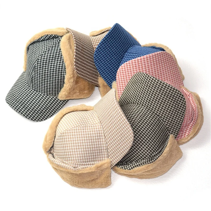 Trooper Trapper Hat Winter Windproof Ushanka Russian Hats with Faux Fur Ear Flaps Plaid Thick Baseball Cap with Warmer Earflap