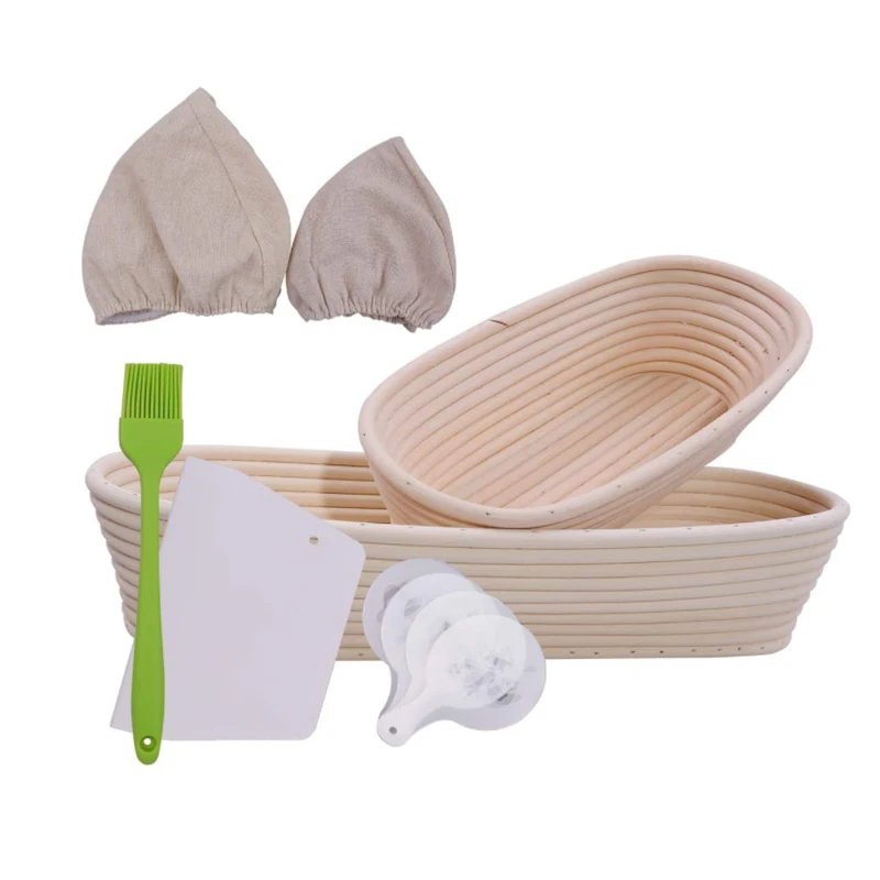 Custom Pack of 2 9inch 13.8inch oval baguette bread proofing basket kit sets with plastic scraper oil brushes stencils
