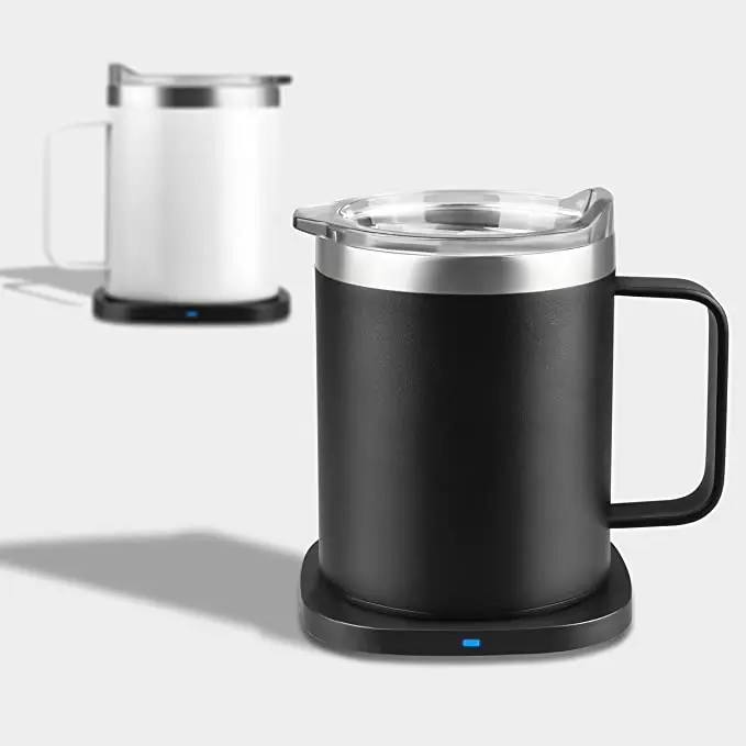 55 Degree Self Heating Heated Stainless Steel Charging Double Walled Coffee Tumbler Mug With 15W Wireless Phone Charger