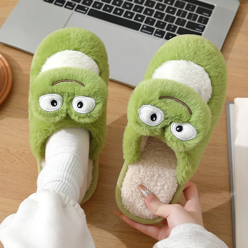 2024 Cute Frog Cotton Slippers For Women Men Winter Indoor Home Floor Shoes Warm Faux Fur Anti-slip Couples Cartoon Footwear