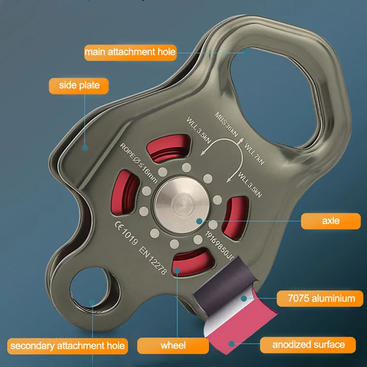 7075 Aluminium Large Single Rescue Traversing Lifting Climbing Pulley with Ball Bearing