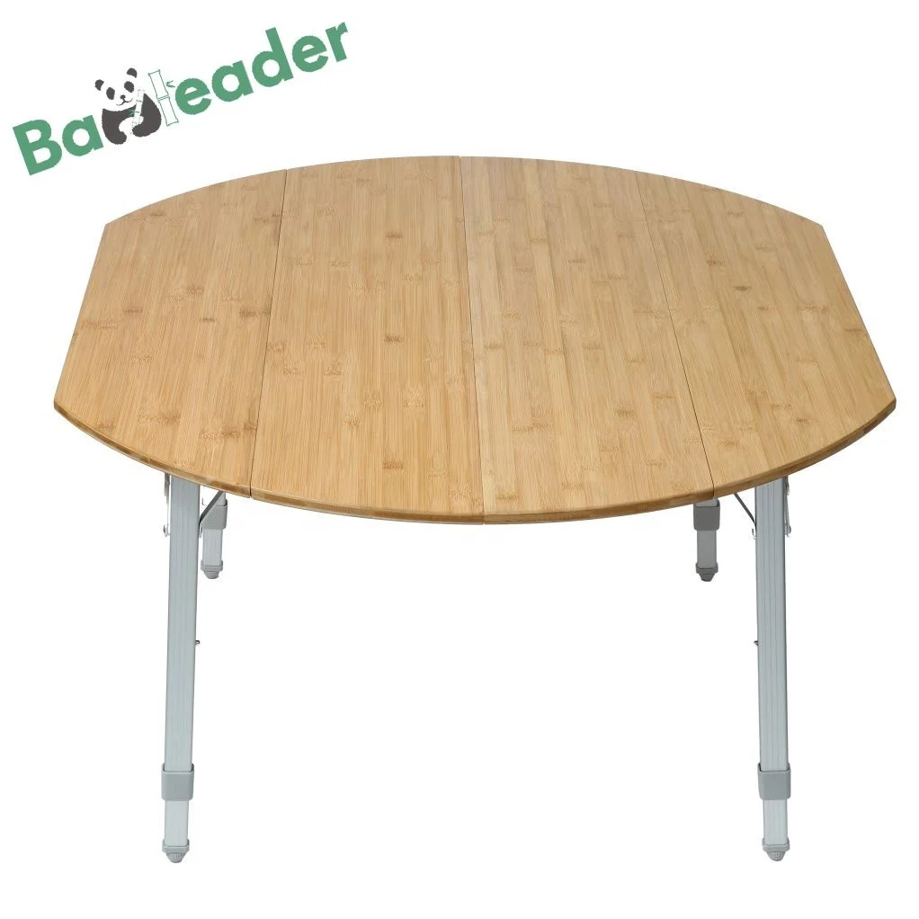 4-Fold Portable Bamboo Wood Camp Table Adjustable Height Bamboo Foldable Table with Aluminum Leg for Indoor Outdoor Activities