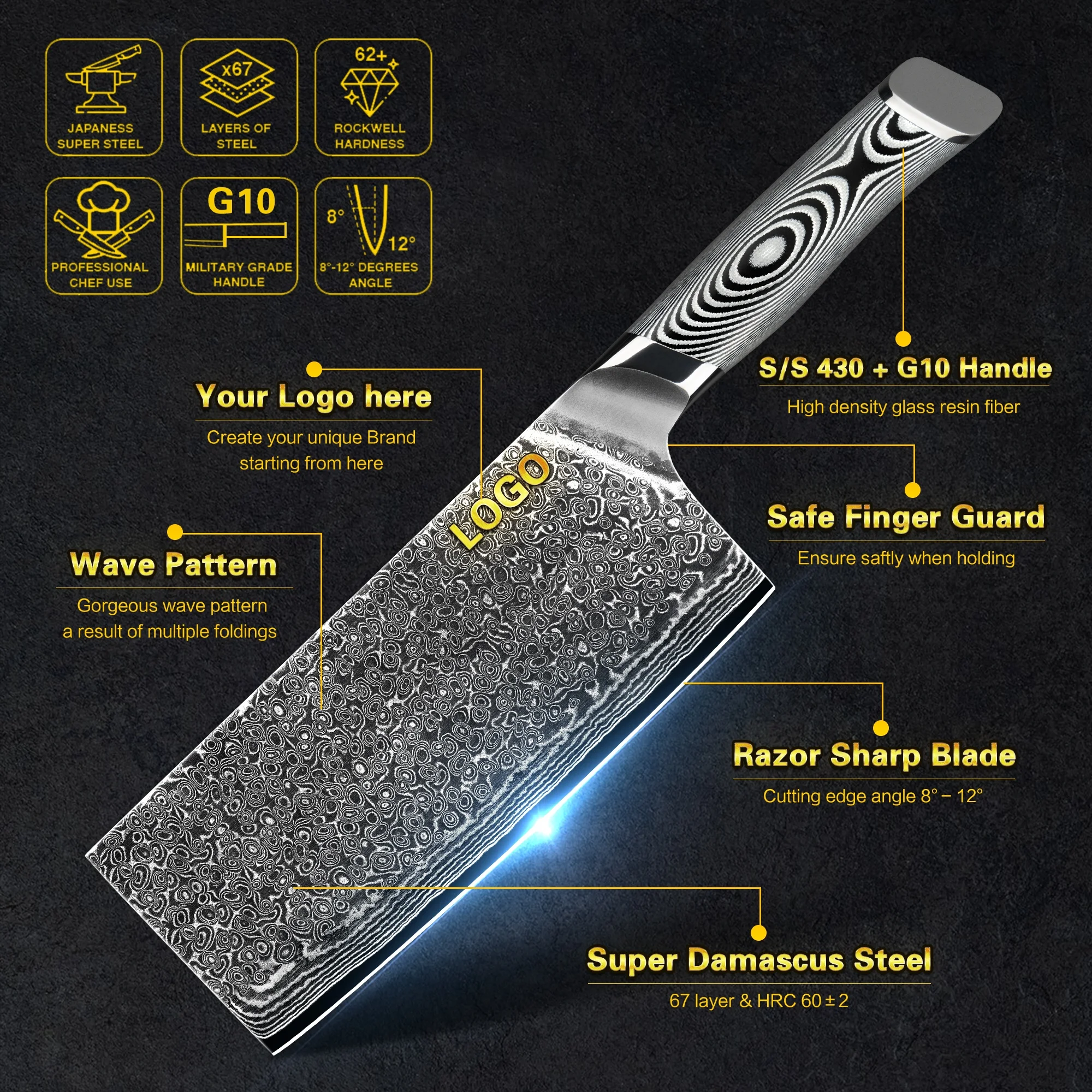 Grey G10 Handle USA hot selling 67layer vg10 damascus steel knives chinese kitchen chopper knife with gift box