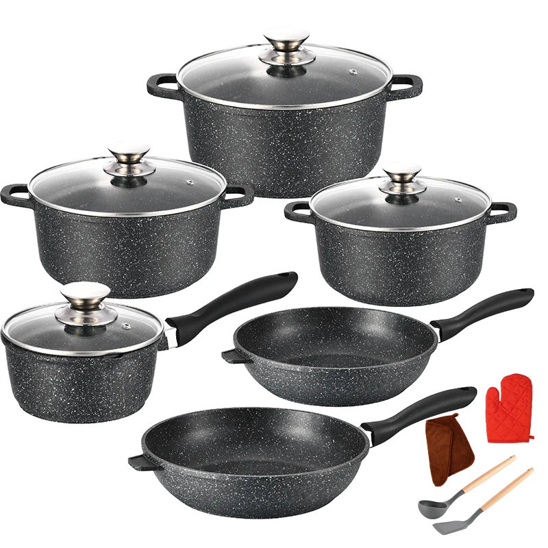 Marble Nonstick Camping Cooking Pot Set Cookware Die Cast Aluminium Home Cooking Aluminum With  Glass Lid