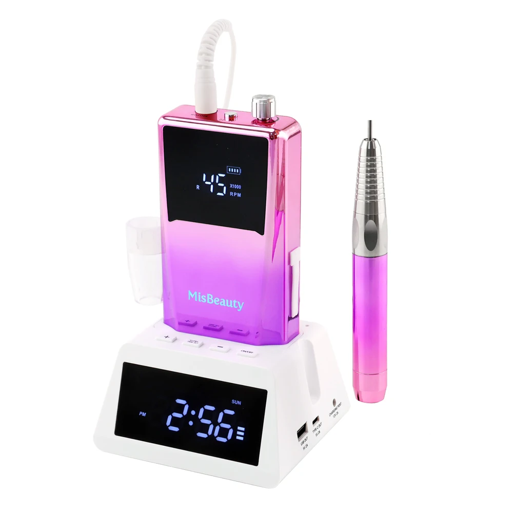45000rpm portable Strong Brushless Nail Drill Machine Smart professional Power Bank with Clock Rechargeable Power Dock Efile