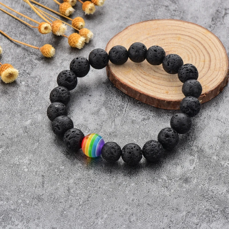 Hot Selling Resin Beads Beaded Lava Stone Bracelet ,Rainbow Color Gay Pride Bracelet