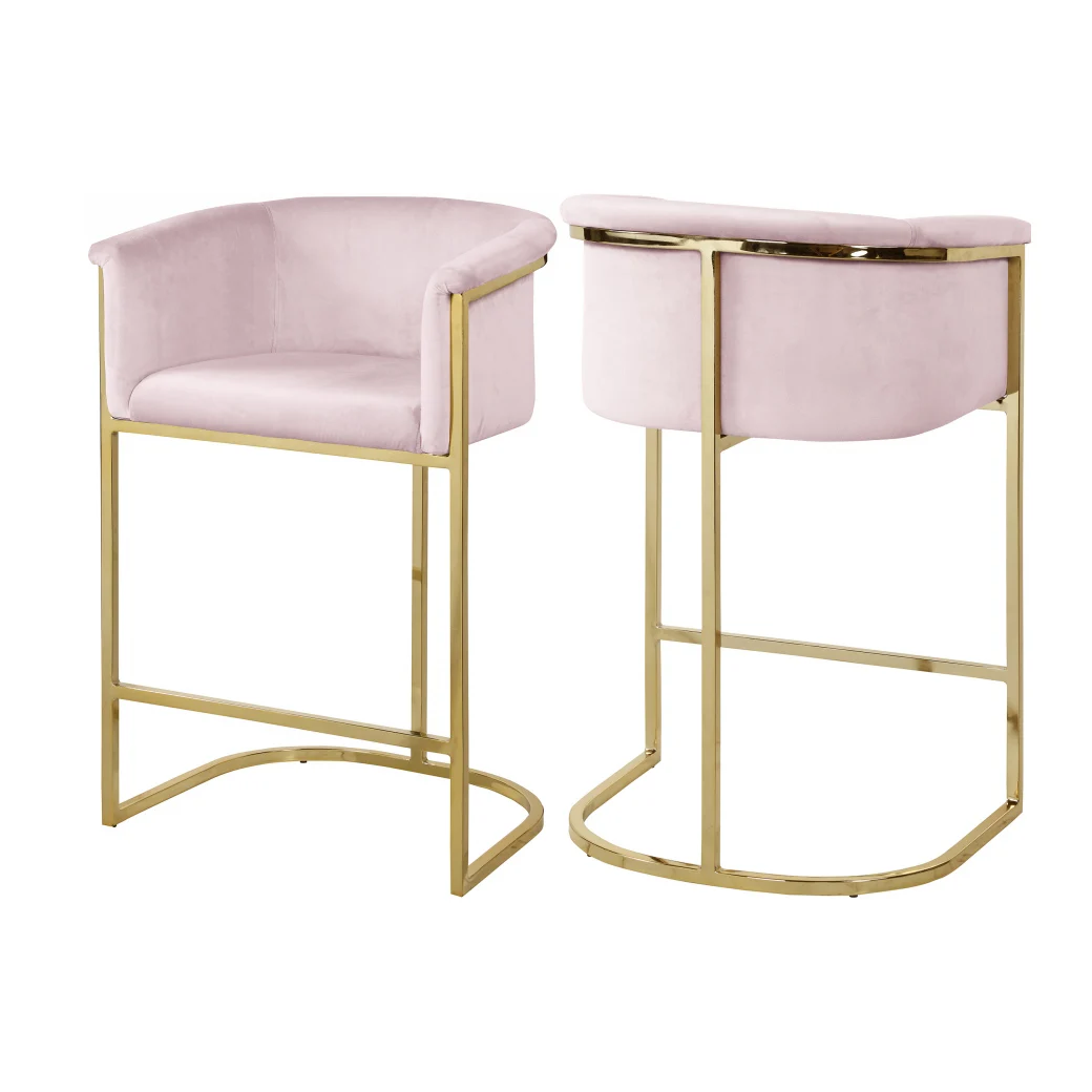 Cheap Modern Nordic Wrought Iron GoldPink Velvet Metal High Bar Stool With