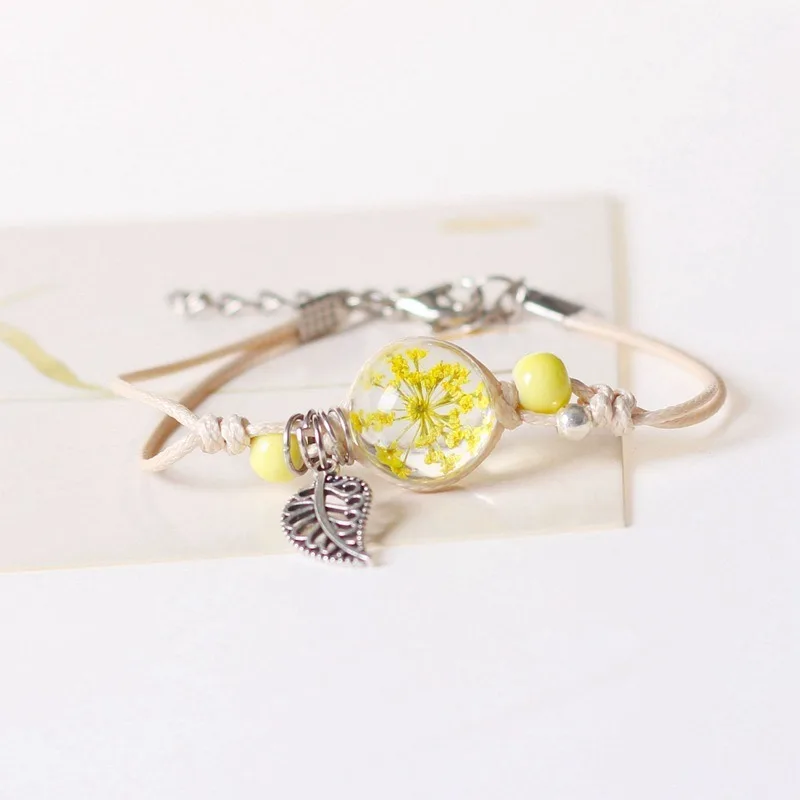 Handmade Rope Knot Braided with Ceramics Beads Natural Dried Flower Glass Ball Charms Bracelets
