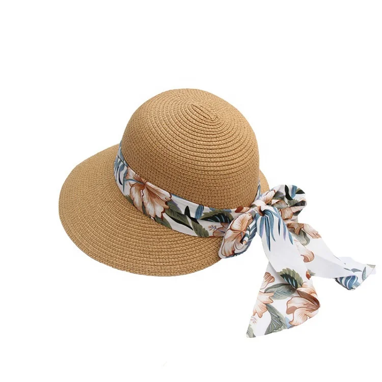 Fashionable paper bucket hat floral printed ribbon adjustable beach hats for women summer foldable handy straw hat