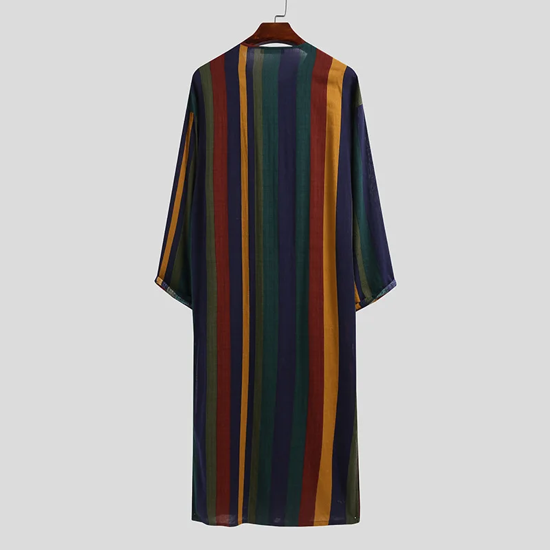 Arab Long Sleeve Islamic Clothing Men Muslim Thobe Thawb Trendy Striped Ramadan Costumes Arabia Abaya Male Kaftan Robe