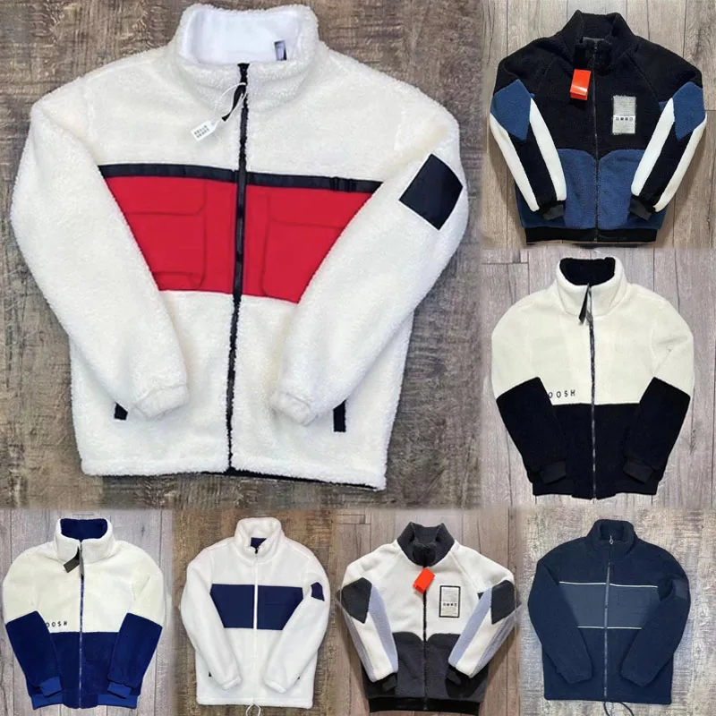 Unisex Fashion Zip Up Stand Collar Fleece Jackets Streetwear Custom Embroidery Logo Patchwork Sherpa Plush Warm Jacket For Men