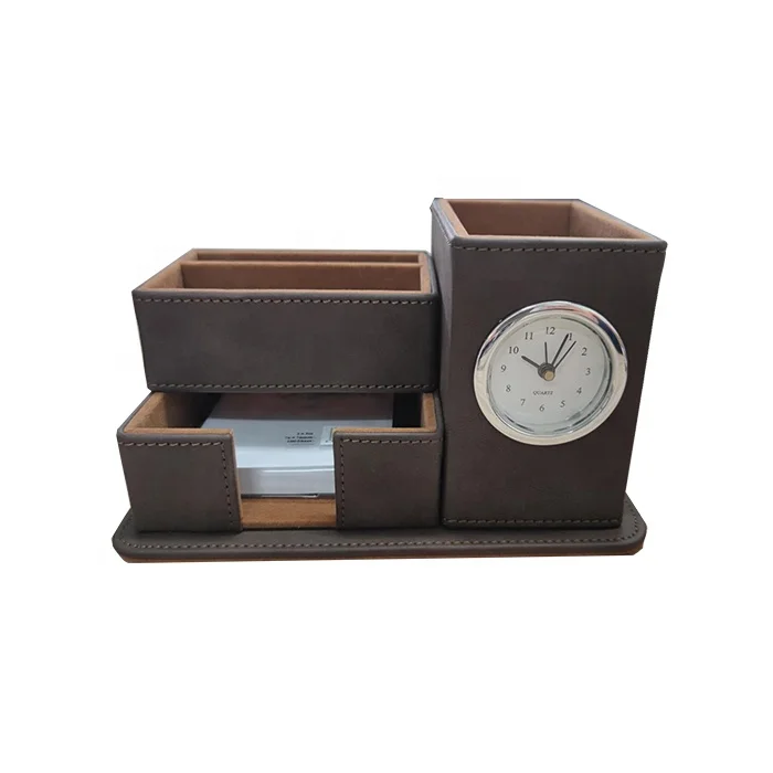 Коричневый кожаный держатель для записей, настольный органайзер для ручек с часами