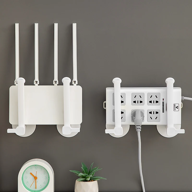 Simple and sturdy wall mounted WiFi router rack, home multifunctional power cord socket storage, no perforation
