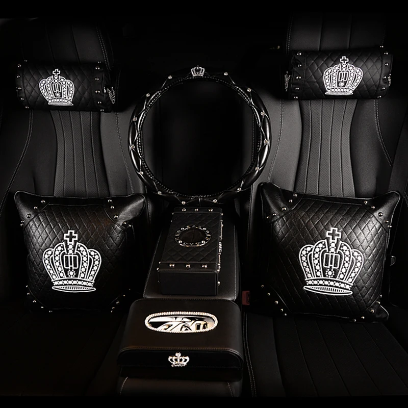 
Crystal Crown Leather Punk Style Rivet Car Interior Accessories Seat Cushion Back Cushion Headrest Neck Pillow 