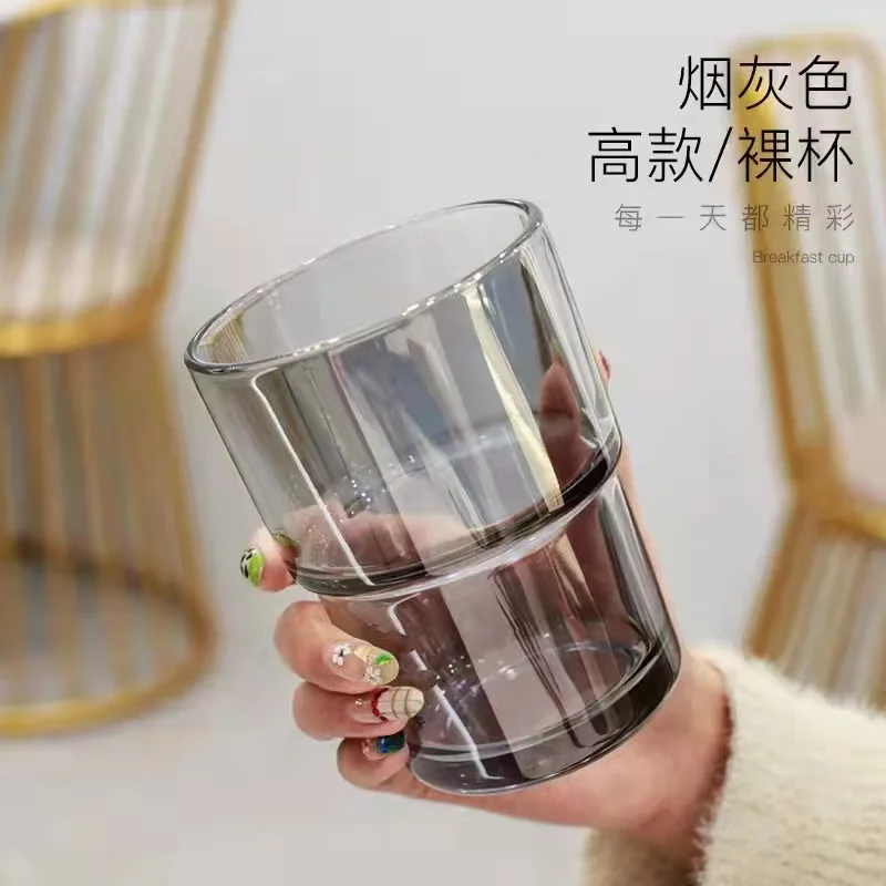 Hot sale ins amber and gray color glass coffee juice water cup with leather cover