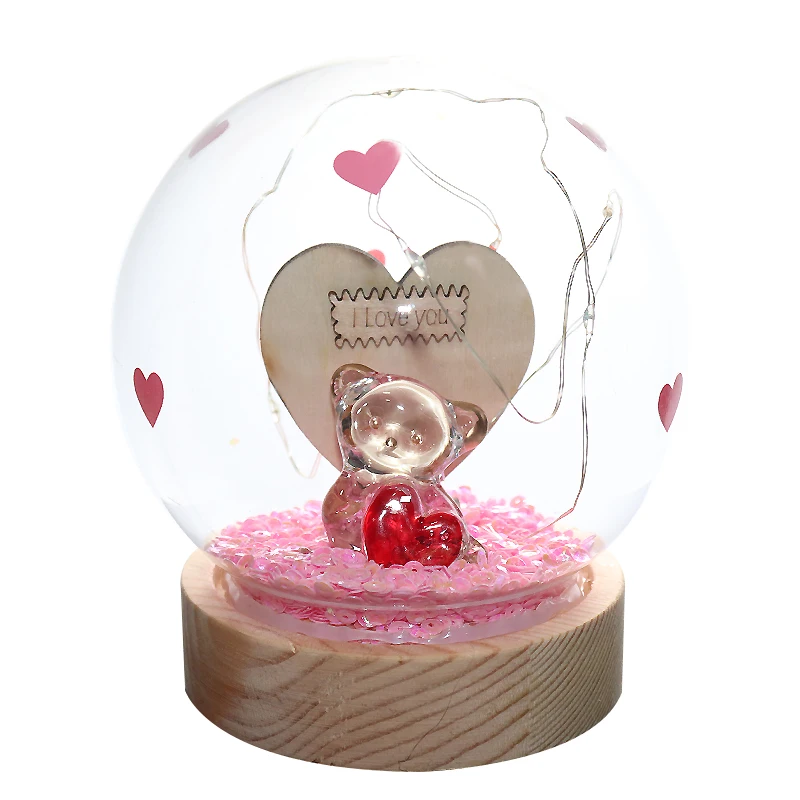 Led lights up wood holiday decoration bear heart glass dome cloche decor with wooden base