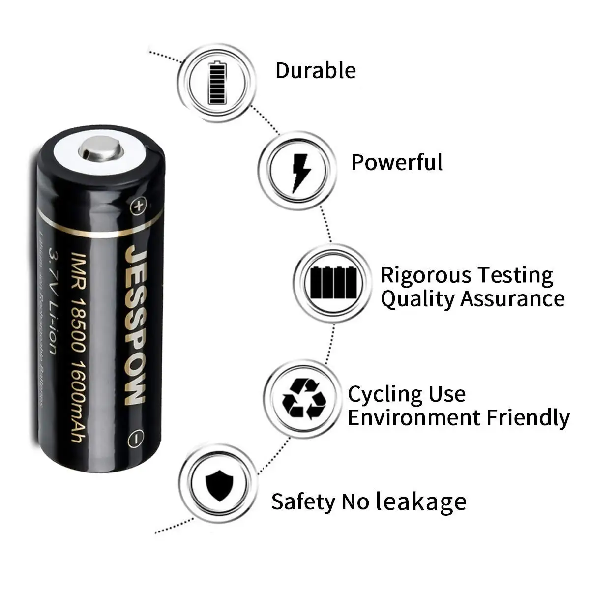 18500 Battery,  IMR 18500 Rechargeable Li-ion Battery 1600mAh 3.7V for Flashlight, Solar Garden Light and More