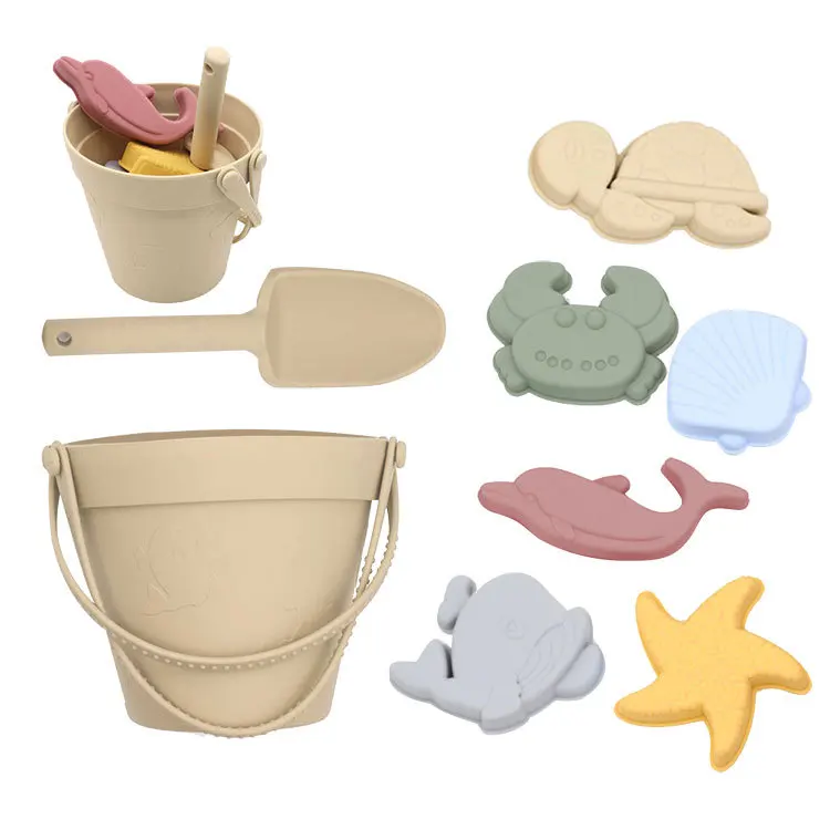 Bpa Free Portable Custom Logo Children Summer Outdoor Toy Baby Sand Bucket Set Silicone Beach Toys For Kids With Pail And Spade