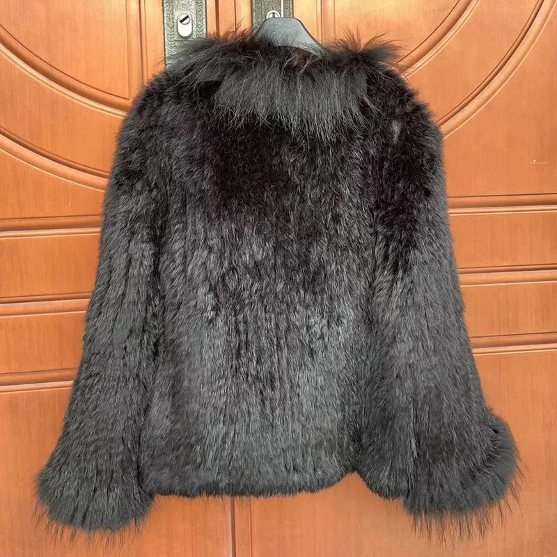 2024 Women Knitted Real Rabbit Fur Poncho Autumn Winter Genuine Fur Cape With Real Fox Fur Trimming