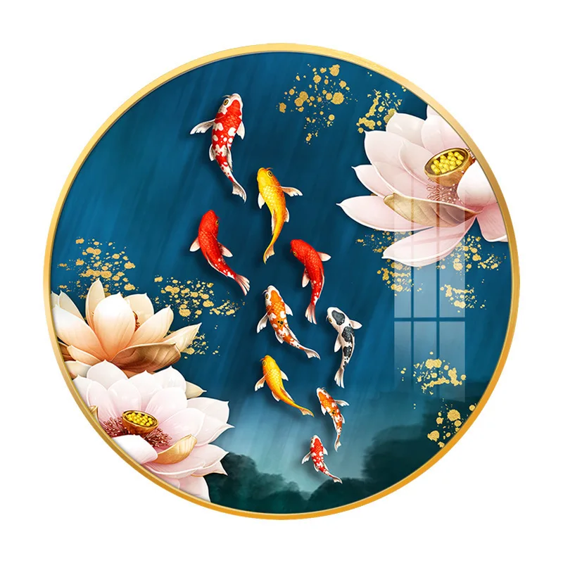 Modern light luxury fish living room Nordic porch circular decoration restaurant diamond crystal porcelain painting
