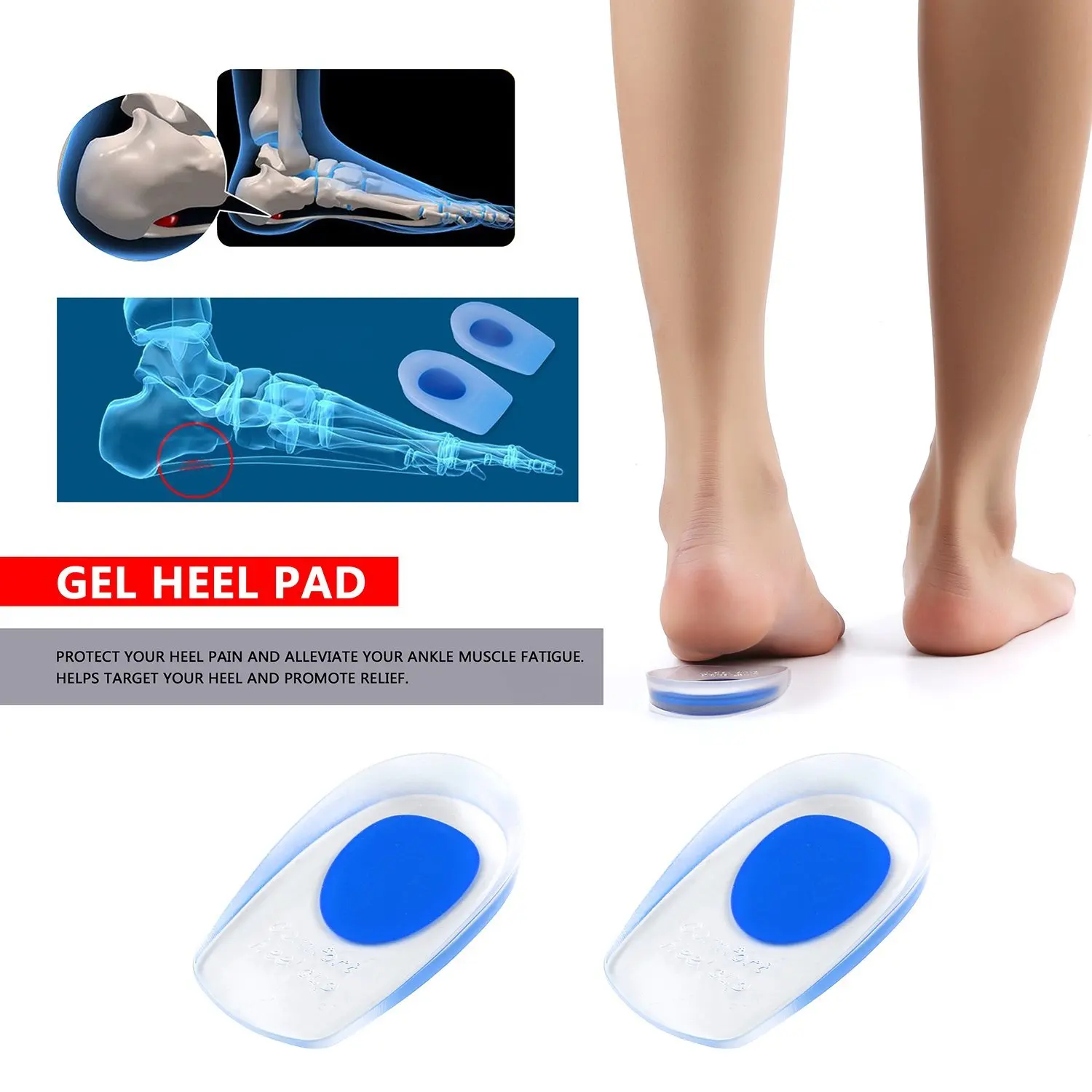 Silicone Heel Cup Pads for Bone Spurs Plantar Fasciitis Feet Insoles Arch Supports Orthotics Inserts Relieve Flat Feet, High Arc