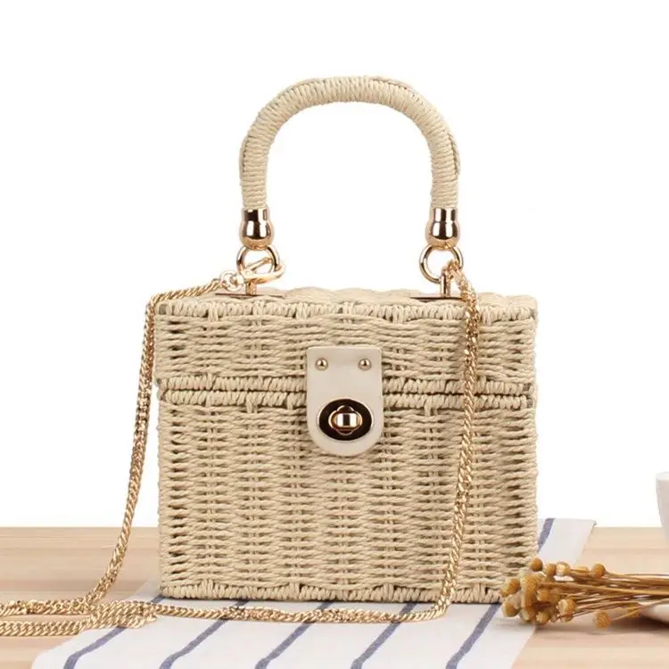 2023 Messenger Hand Carry Casual Woven Bag Small Tote Knit Bum Small Square Box Straw Woven Beach Bag Rivet Women Tote Boho