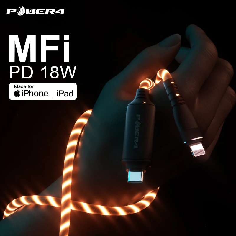 
POWER4 usb c to lightnings usb cable with led light and free iphones aux adapter mfi lightnings cable for iphone 