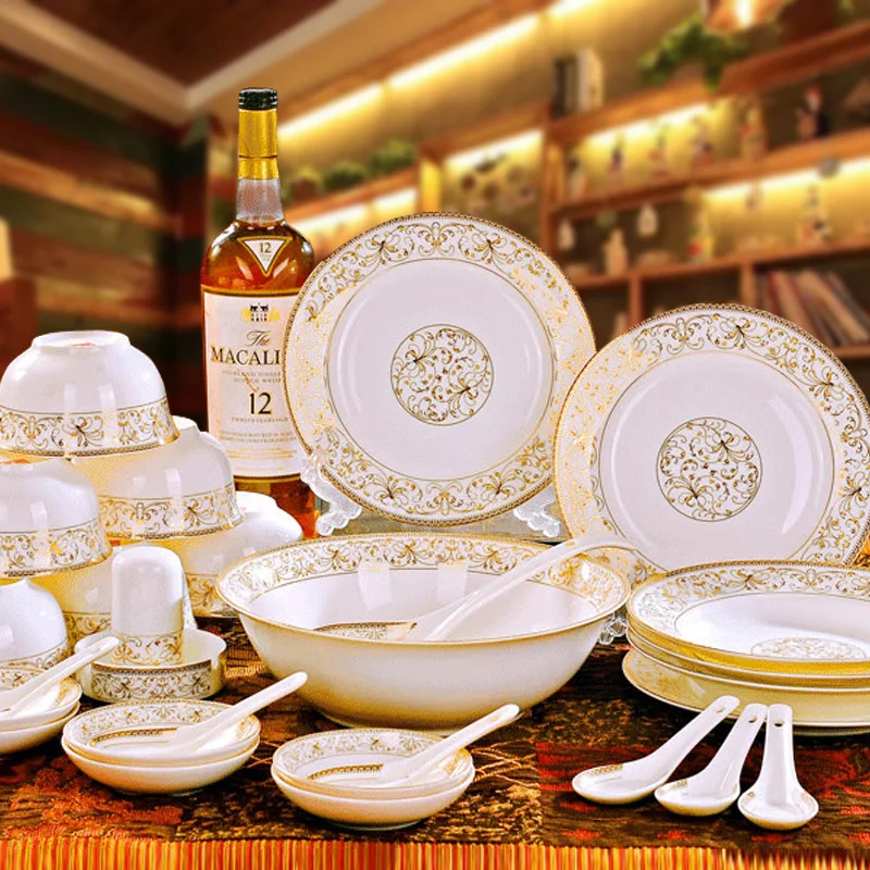 Dinner Sets Bowl and Dish Dinnerware Set Design Royal Porcelain Luxury 28pcs Household Gold Carton Party Ceramic for 6 Users