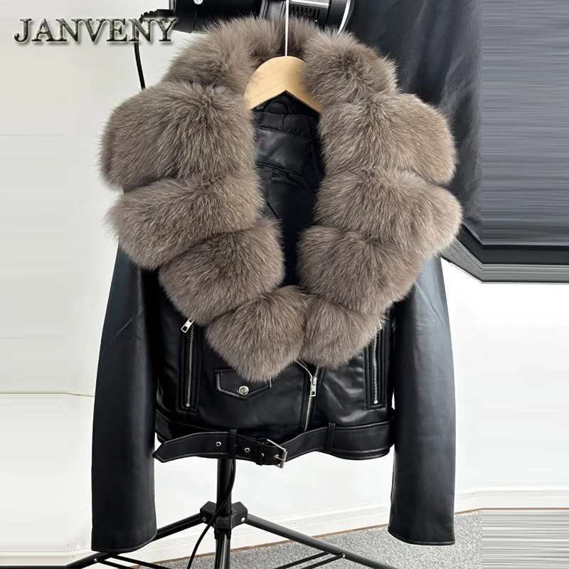 JANVENY 2024 New Winter Large Real Natural Fox Fur Collar Faux Suede Leather Coat Women Thick Warm Motorcycle Pu Leather Jacket