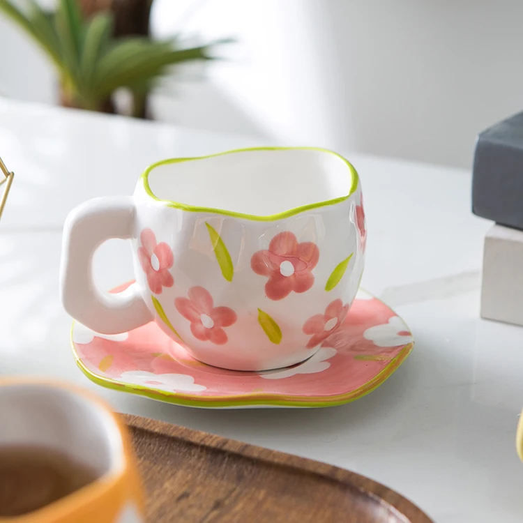 Modern nordic cute irregular flower design custom 200ml porcelain cup set ceramic pink expresso coffee cups with saucer