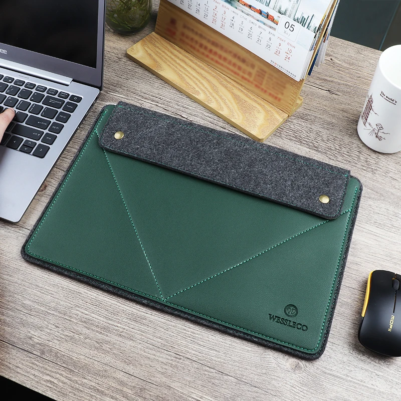 Wessleco Waterproof Notebook Blank Laptop Bag Case Sleeve Custom 13.3 14 inch PU Leather Felt Lining Laptop Sleeve Bag