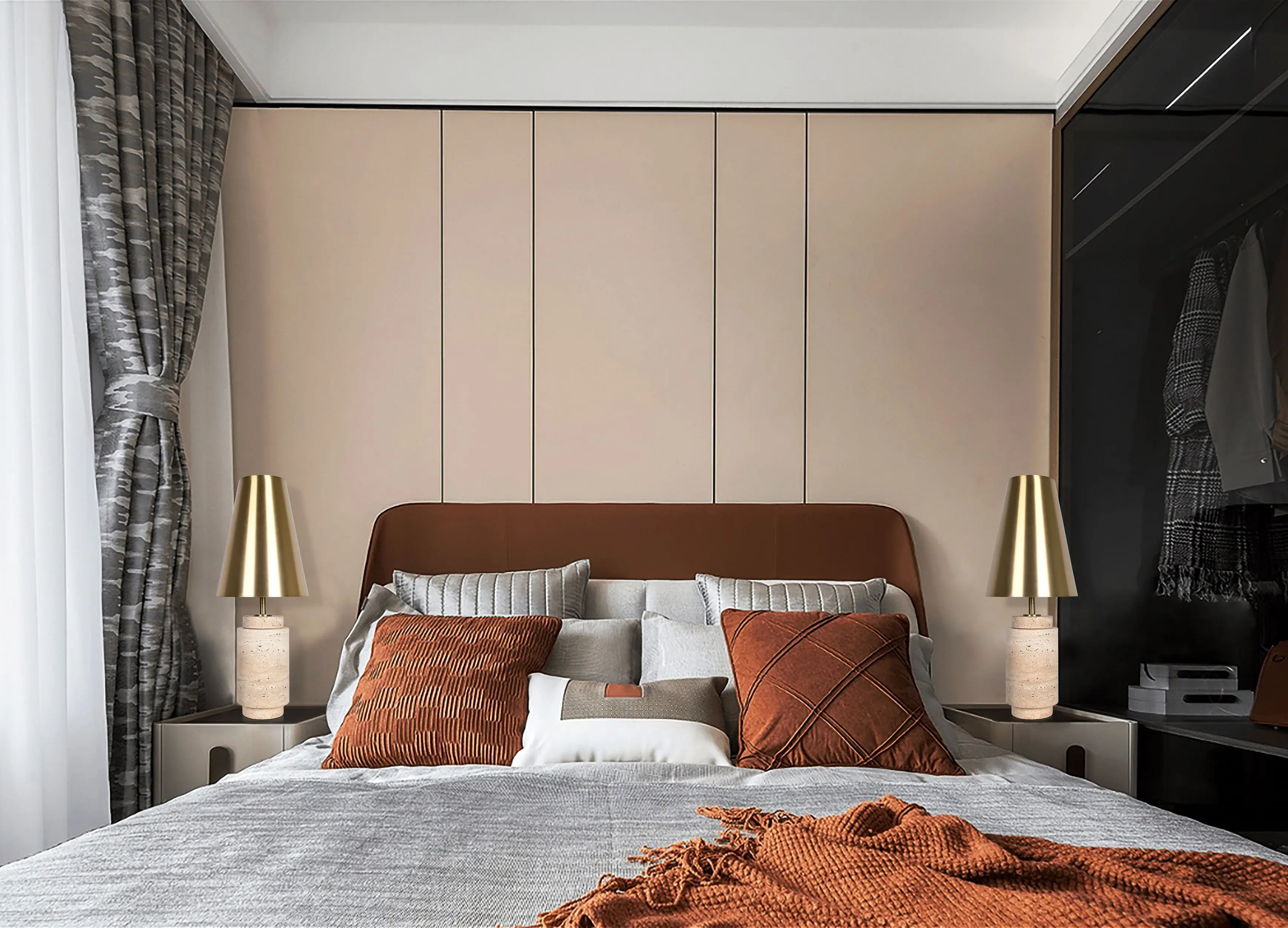 Solid Natural Travertine Stone Base Living Room Bedroom Decorative Metal Lampshade Classic Table Lamp