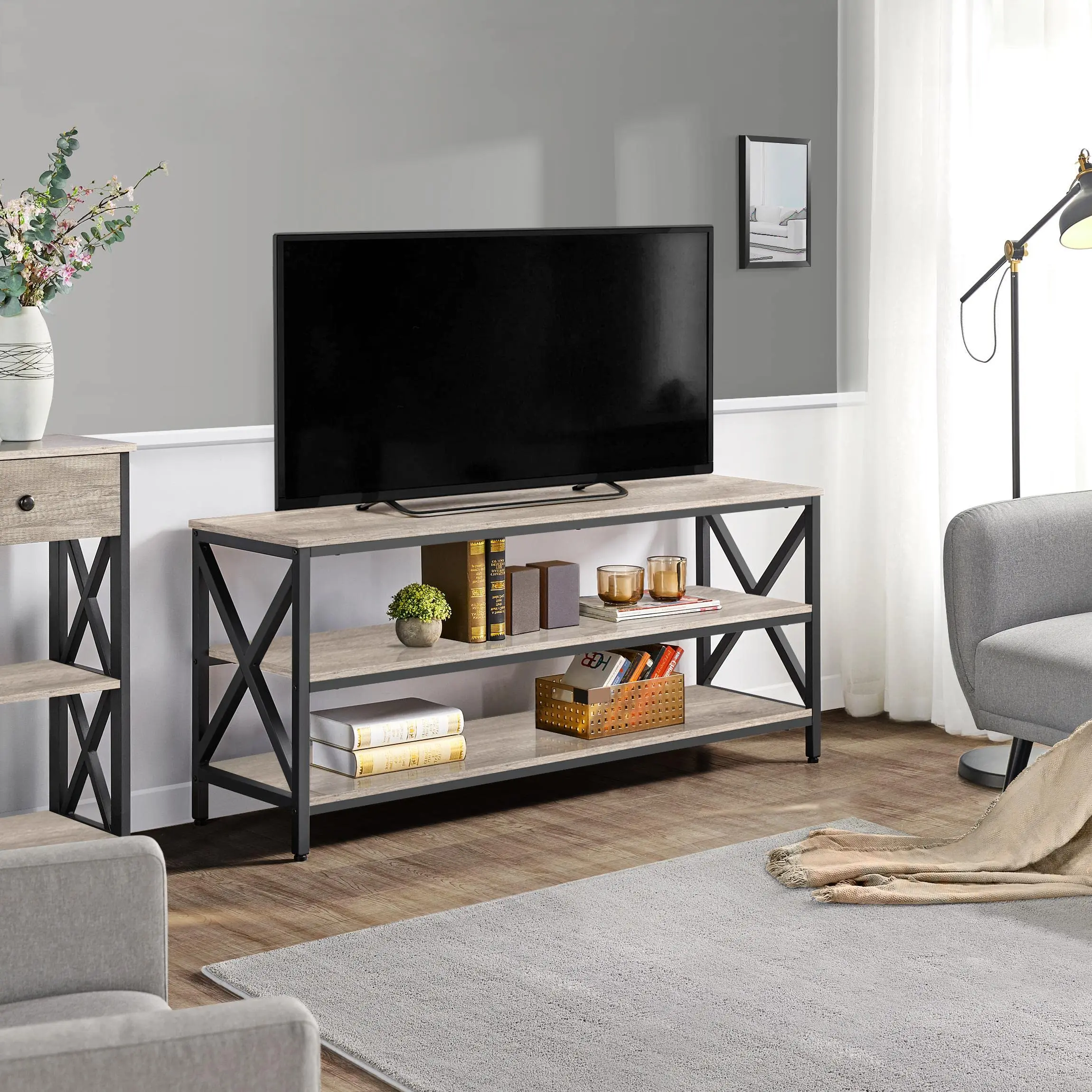 TV Cabinet with 3 Tier Storage Shelves for Living Room Entertainment Center TV Console Table with Metal Frame