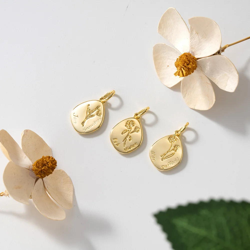 RINNTIN APN33 Custom 14K Gold Plated Sterling Silver Irregular Oval Birth Flower Pendant Necklaces for Women Jewelry