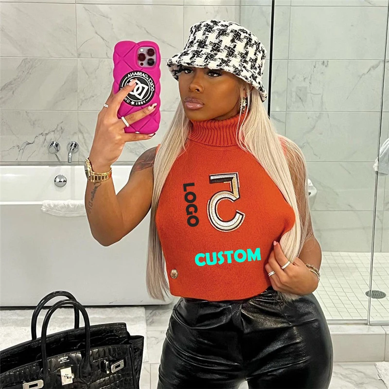 K21L09654 dropship Solid Color letter ladies top number 5 Sleeveless T-Shirt Turtleneck Tube Top Hollow Out Women knit crop top