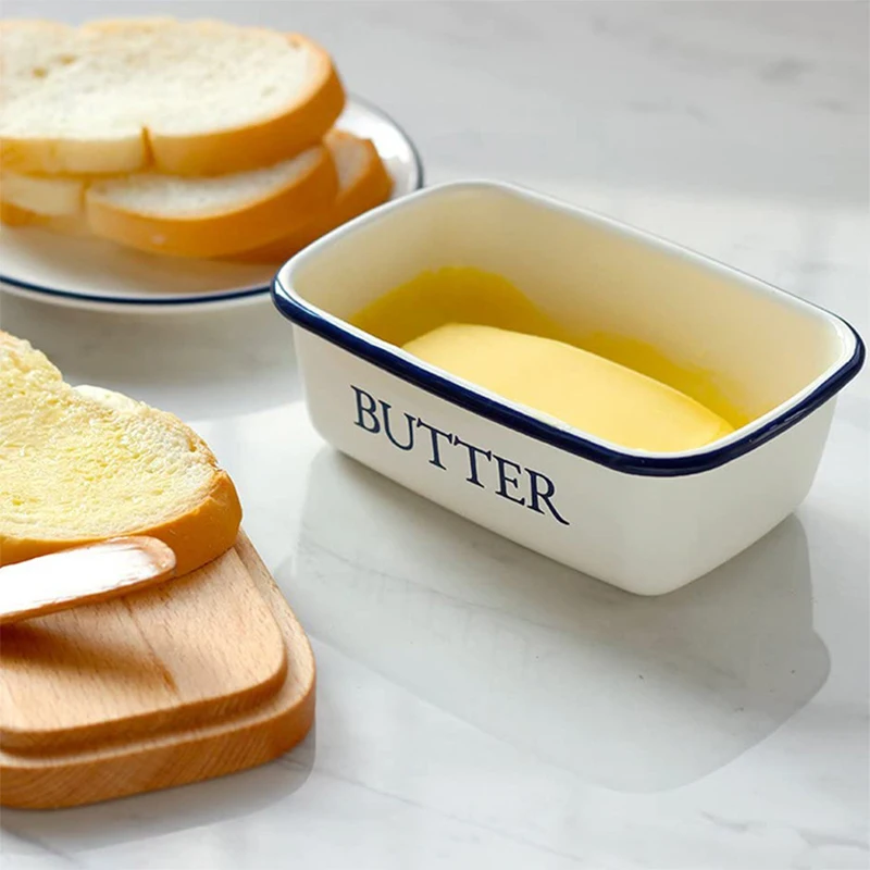 Customized logo printing white and blue rim metal enamel butter dish with wooden lid