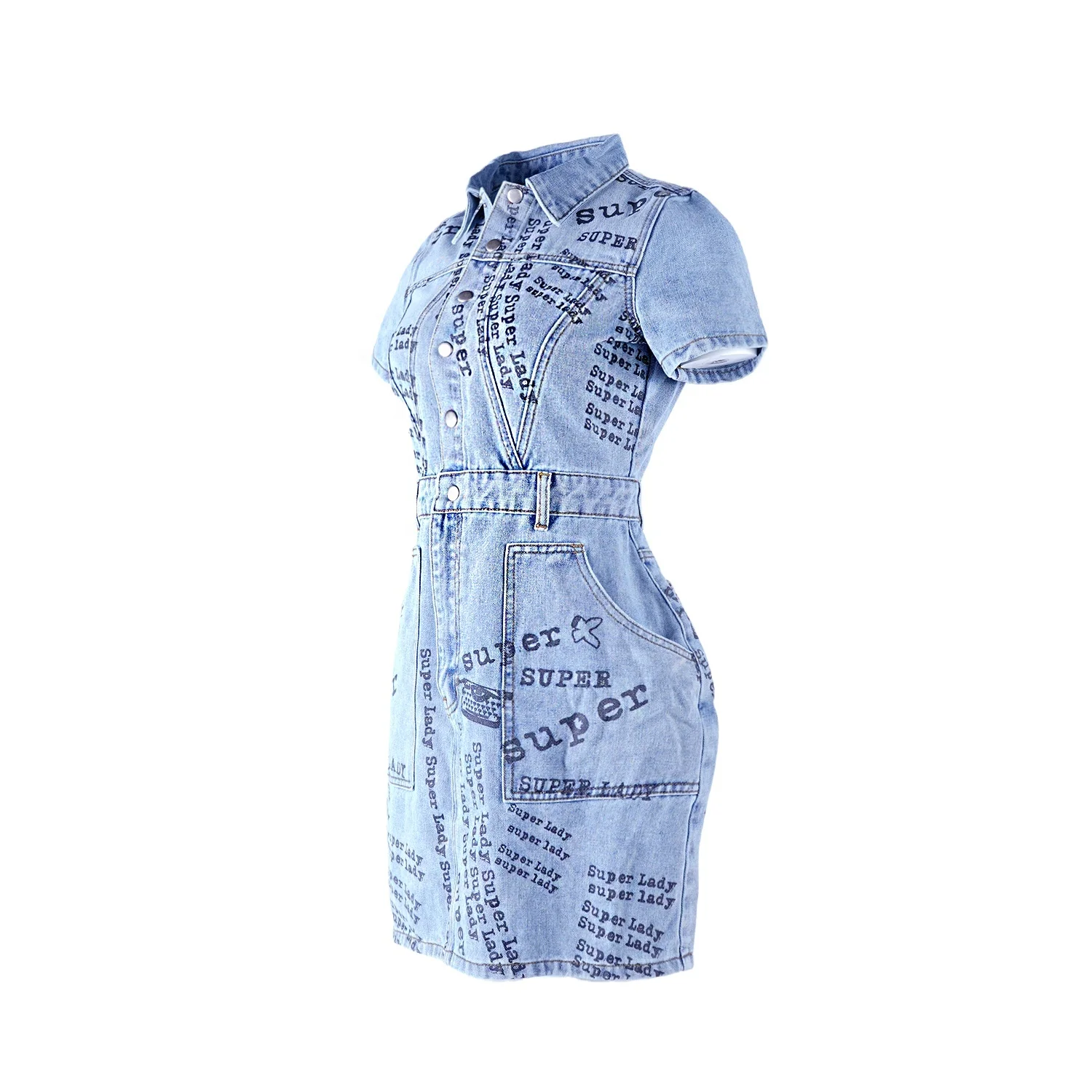 SKYKINGDOM customize design ladies jeans dresses women casual sexy short sleeve letter printed blue jeans dress