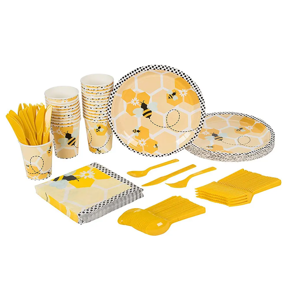 Umiss Bee Party Birthday Supplies  Plates, Knives, Spoons, Forks, Cups, Napkin for Kids Theme Parties and Baby Shower Decoration
