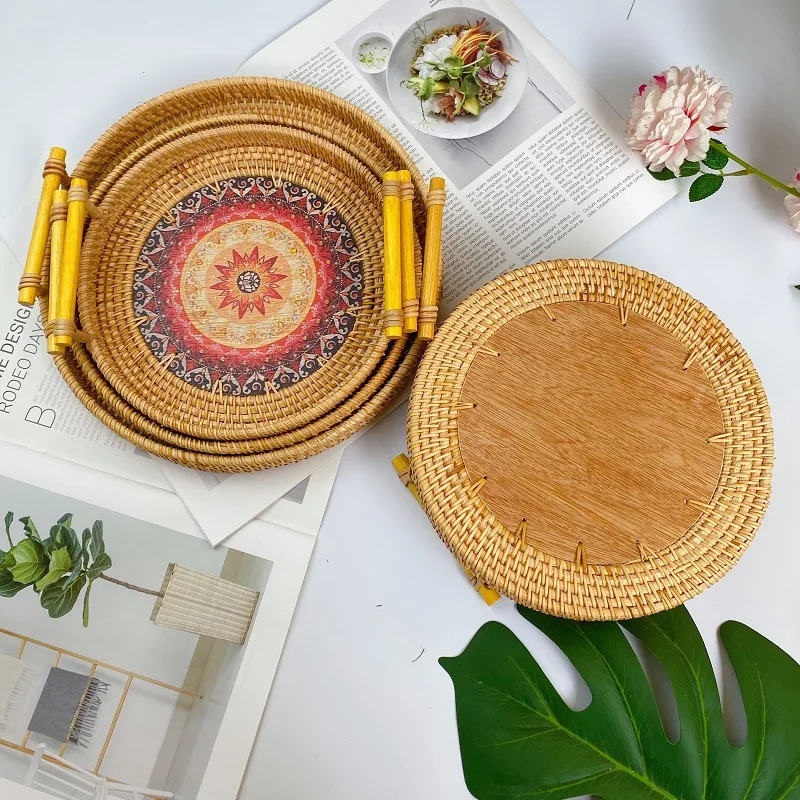 Serving Coffee Table Decorative Basket Colorful Vietnam Vintage New Design Rattan Woven Round Tray