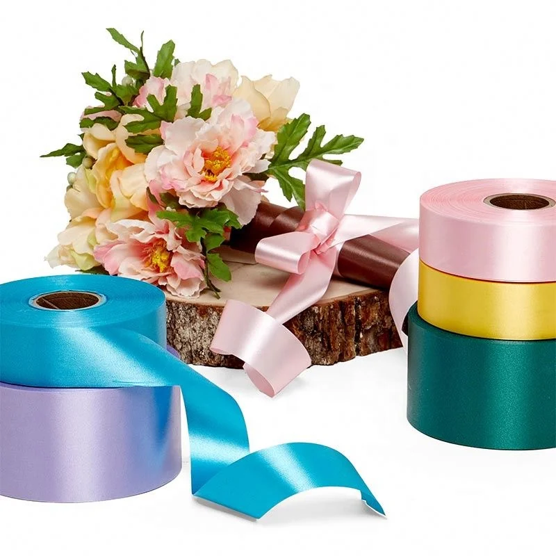 Wholesale high quality solid color factory price gift accessory custom brand name logo 100%polyester white gold red satin ribbon